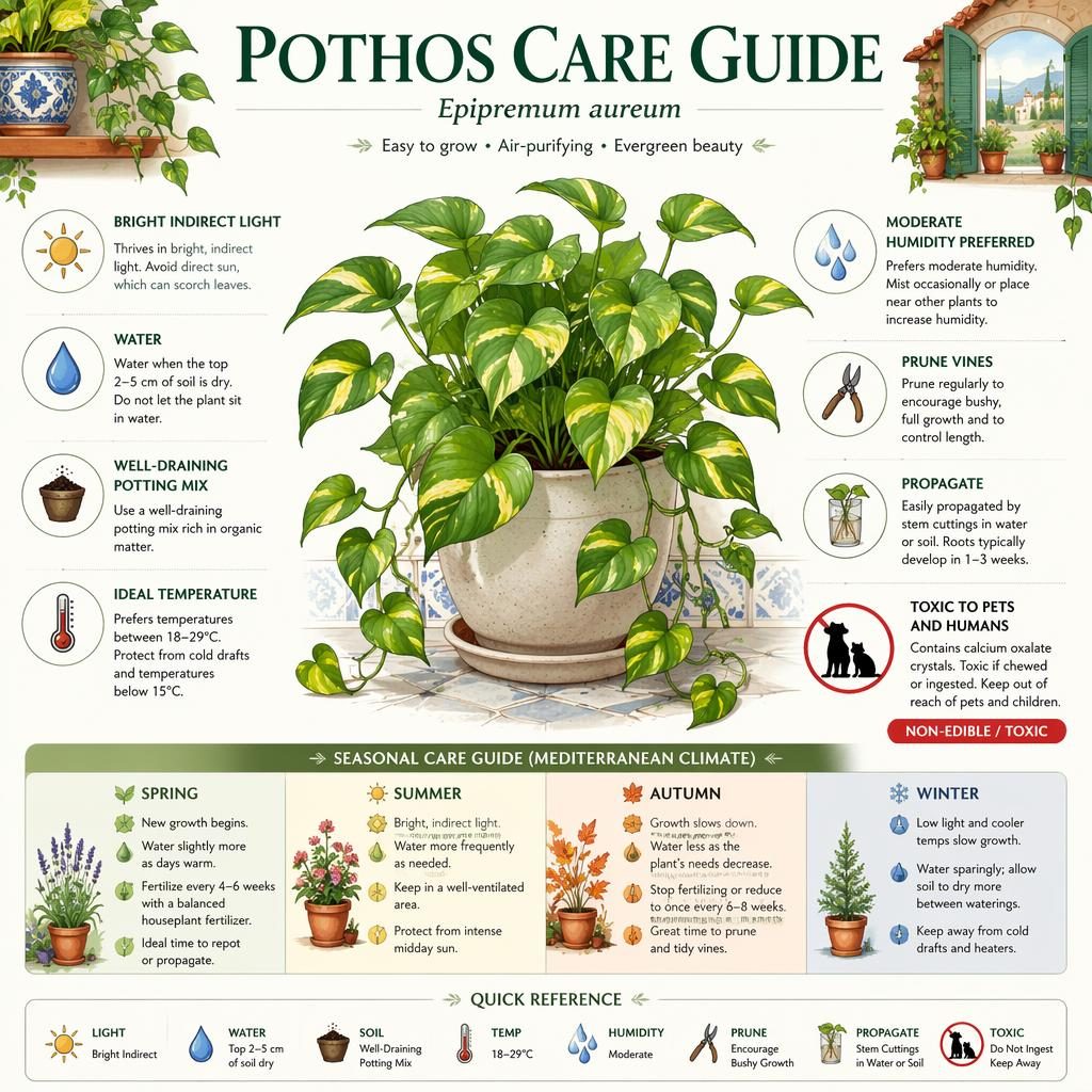 Botanical infographic of pothos care with labeled callouts, care icons, seasonal strip, and toxic plant warning.