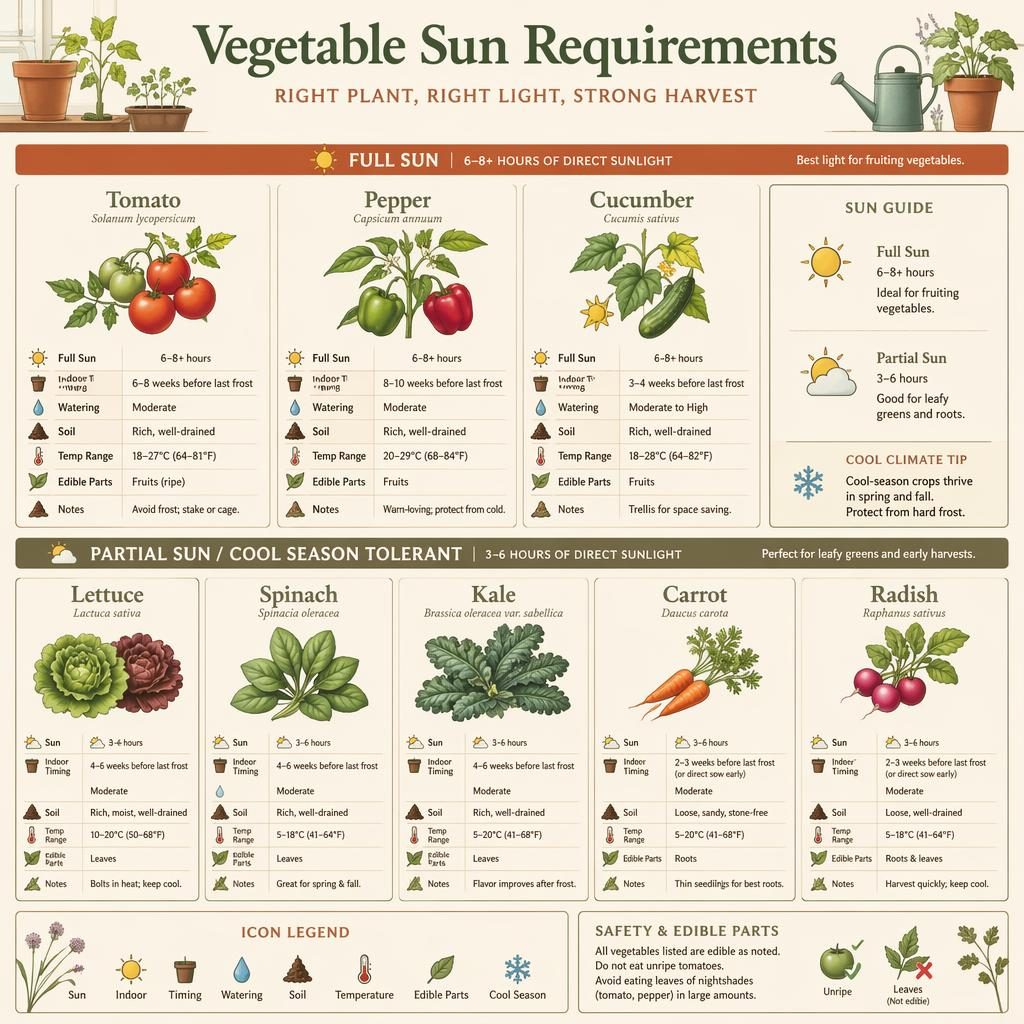 Gardening infographic care cards showing vegetable sun needs, seed starting timing, water, soil, temperature, and edible parts