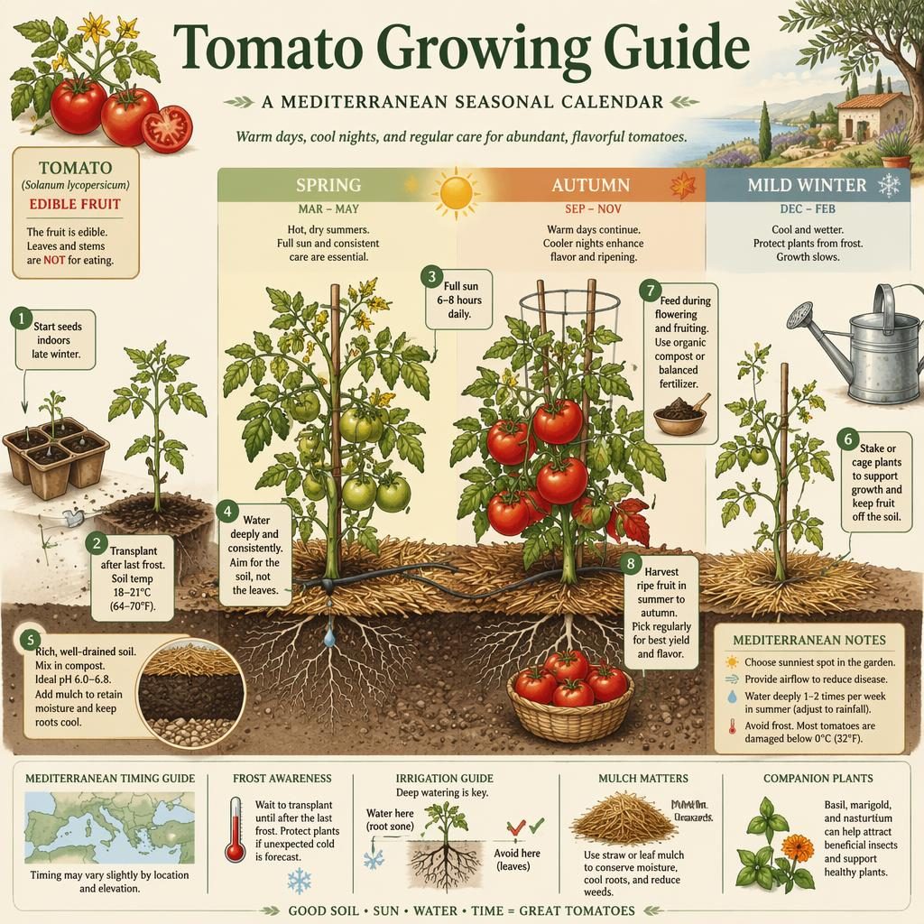 Botanical tomato growing guide infographic with Mediterranean seasonal calendar, seedlings, vines, flowers, fruit, stakes, sun and soil