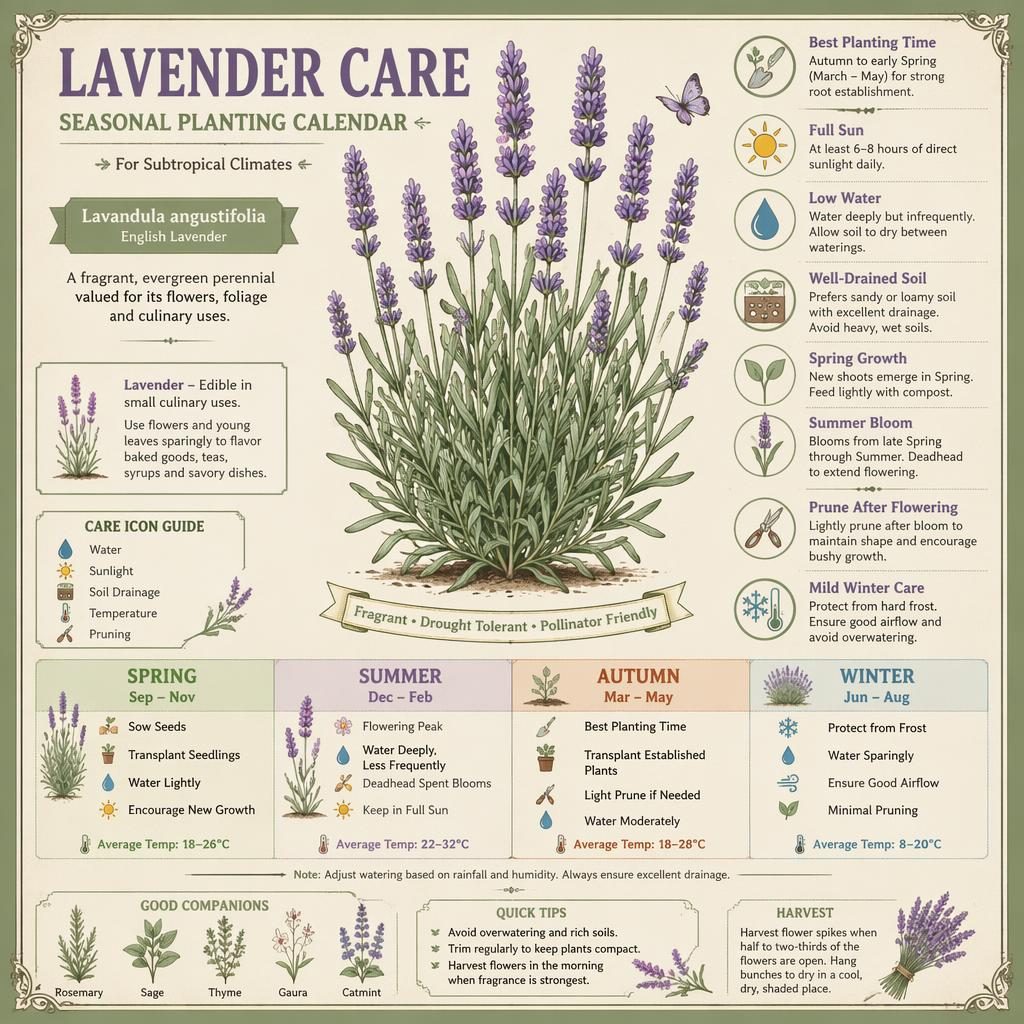Infographie vintage de lavande avec calendrier printemps à hiver, icônes soleil, eau, drainage et taille.