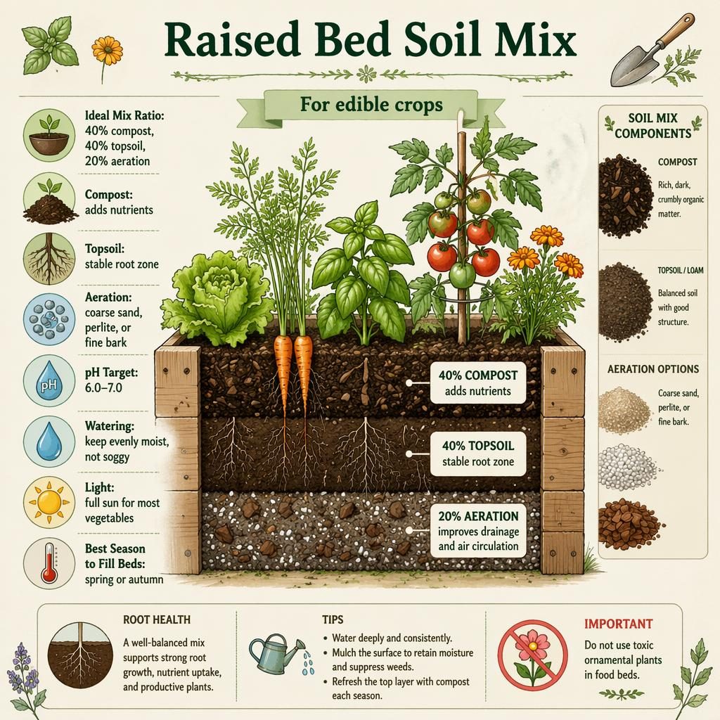 Pastel gardening infographic showing a raised bed soil mix cutaway with labeled layers, vegetables, icons, and side texture panel.