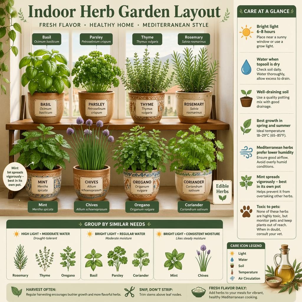 Infographie botanique d’un jardin d’herbes d’intérieur avec pots étiquetés sur rebord de fenêtre et étagère.