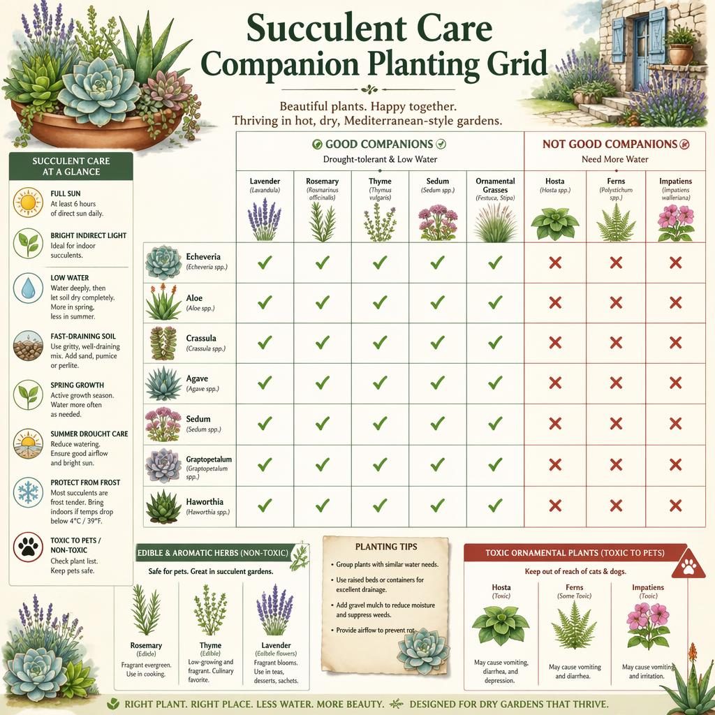 Infographie botanique avec grille de compagnonnage de succulentes, plantes tolérantes à la sécheresse et labels en anglais.