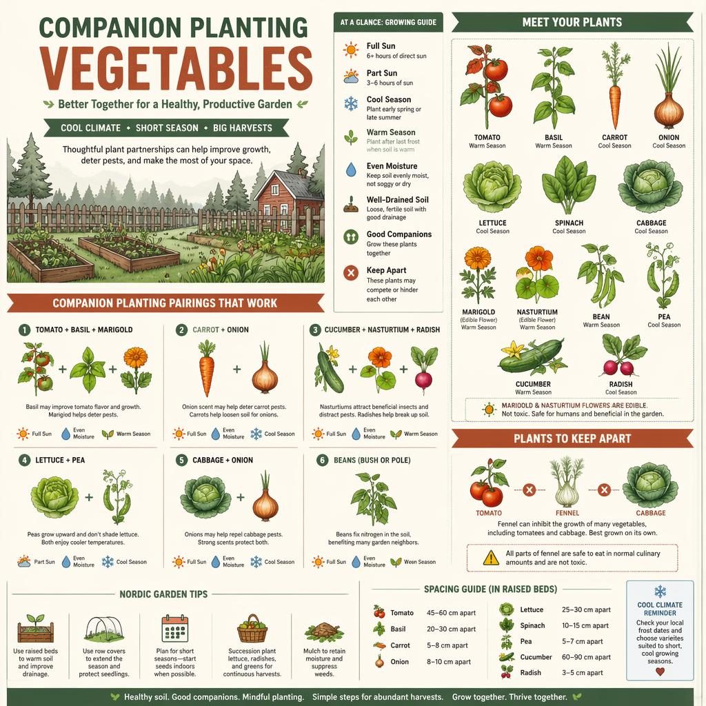 Flat gardening infographic showing companion planting vegetables, herb pairings, badges, and Nordic kitchen-garden cues.