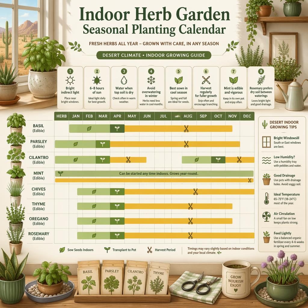 Infografía vertical con calendario anual de siembra de hierbas de interior en clima árido, macetas, meses y cuidados.