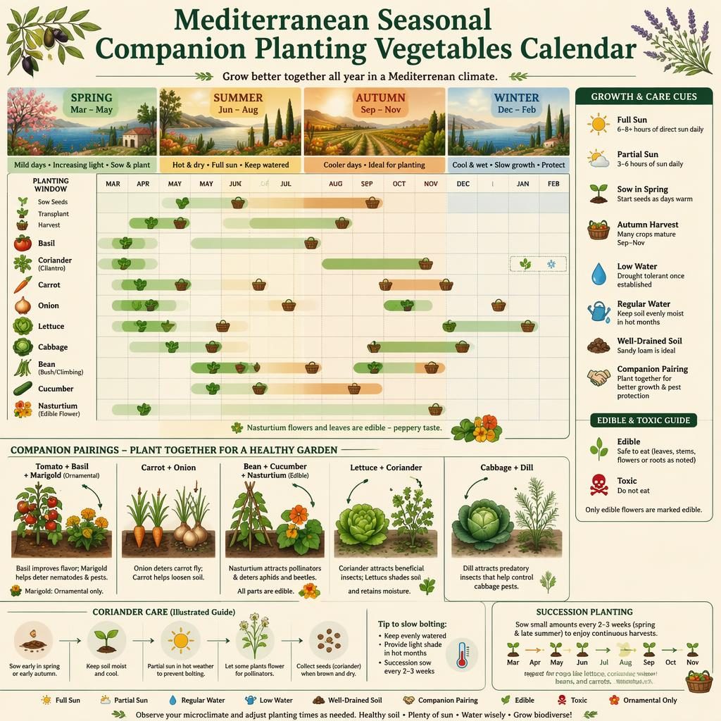 Mediterranean seasonal companion planting calendar infographic with vegetables, herbs, flowers, labeled pairings, and coriander care icons.