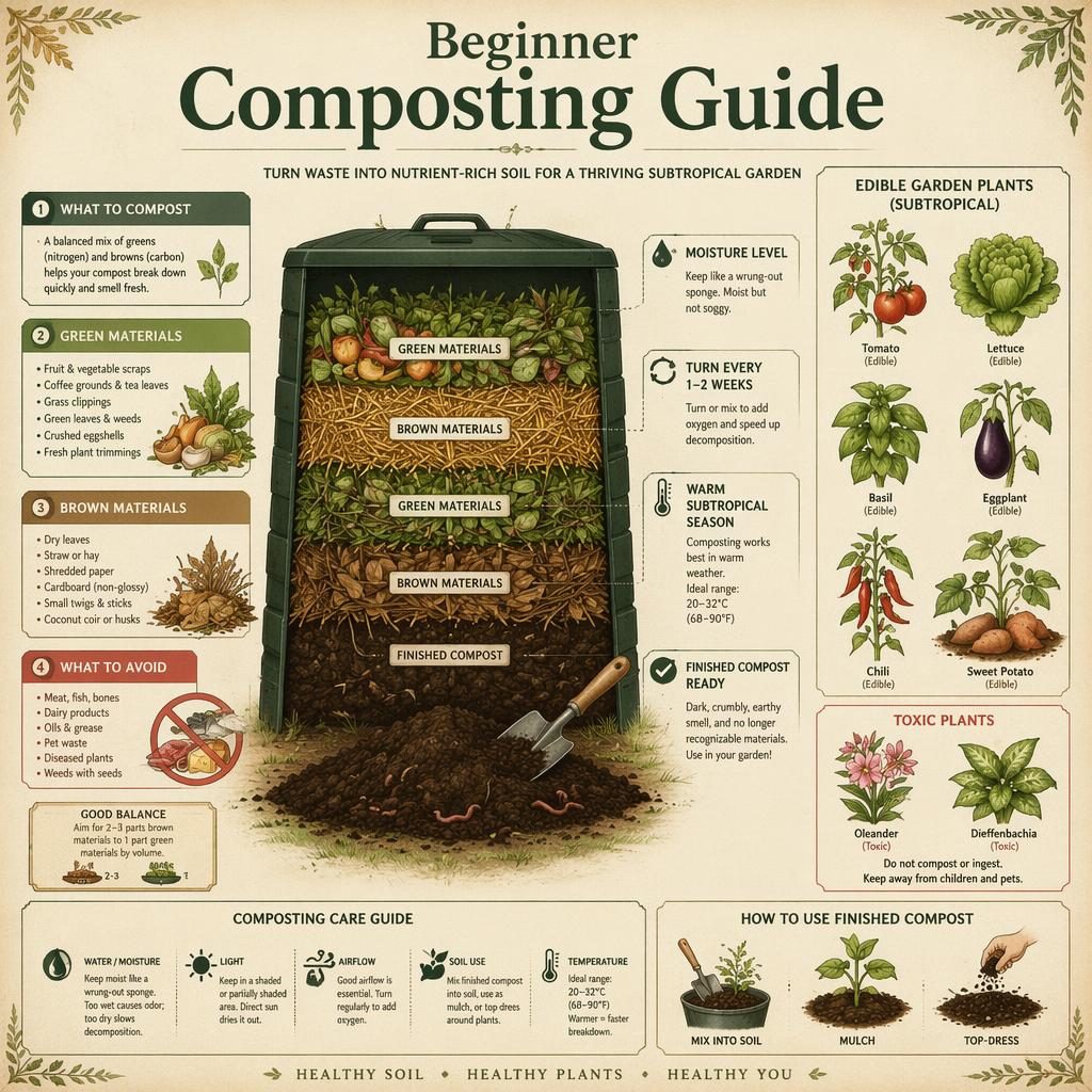 Vintage-style beginner composting infographic with bin, greens, browns, labeled callouts, care icons, and edible garden plants.