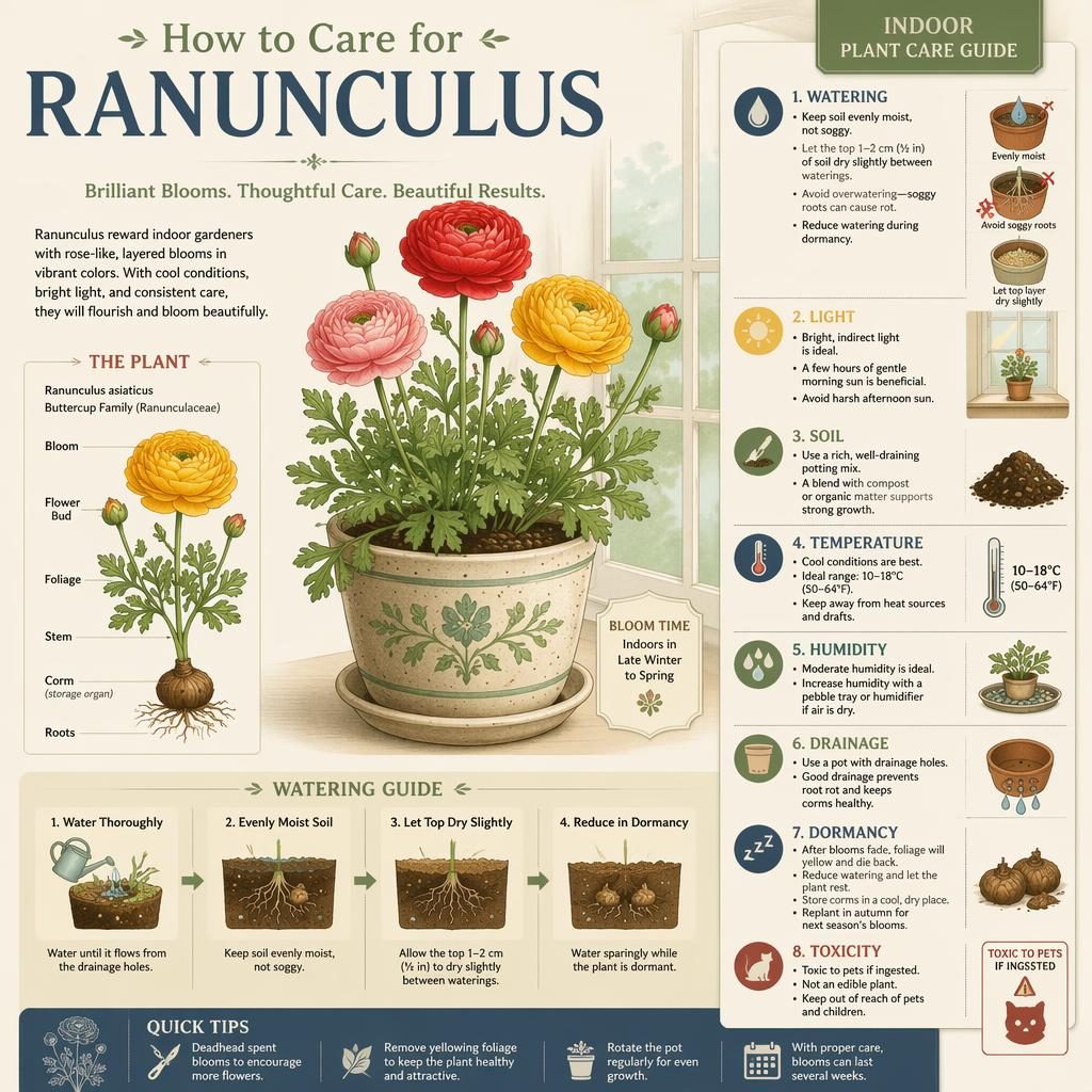 Editorial ranunculus care card infographic with botanical illustration, indoor pot, and labeled icons for watering, light, soil, and toxicity.