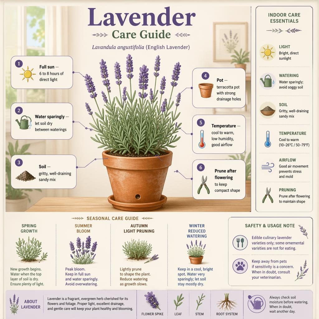 Lavender care infographic with potted botanical illustration, 6 labeled callouts, seasonal care strip, and indoor icons