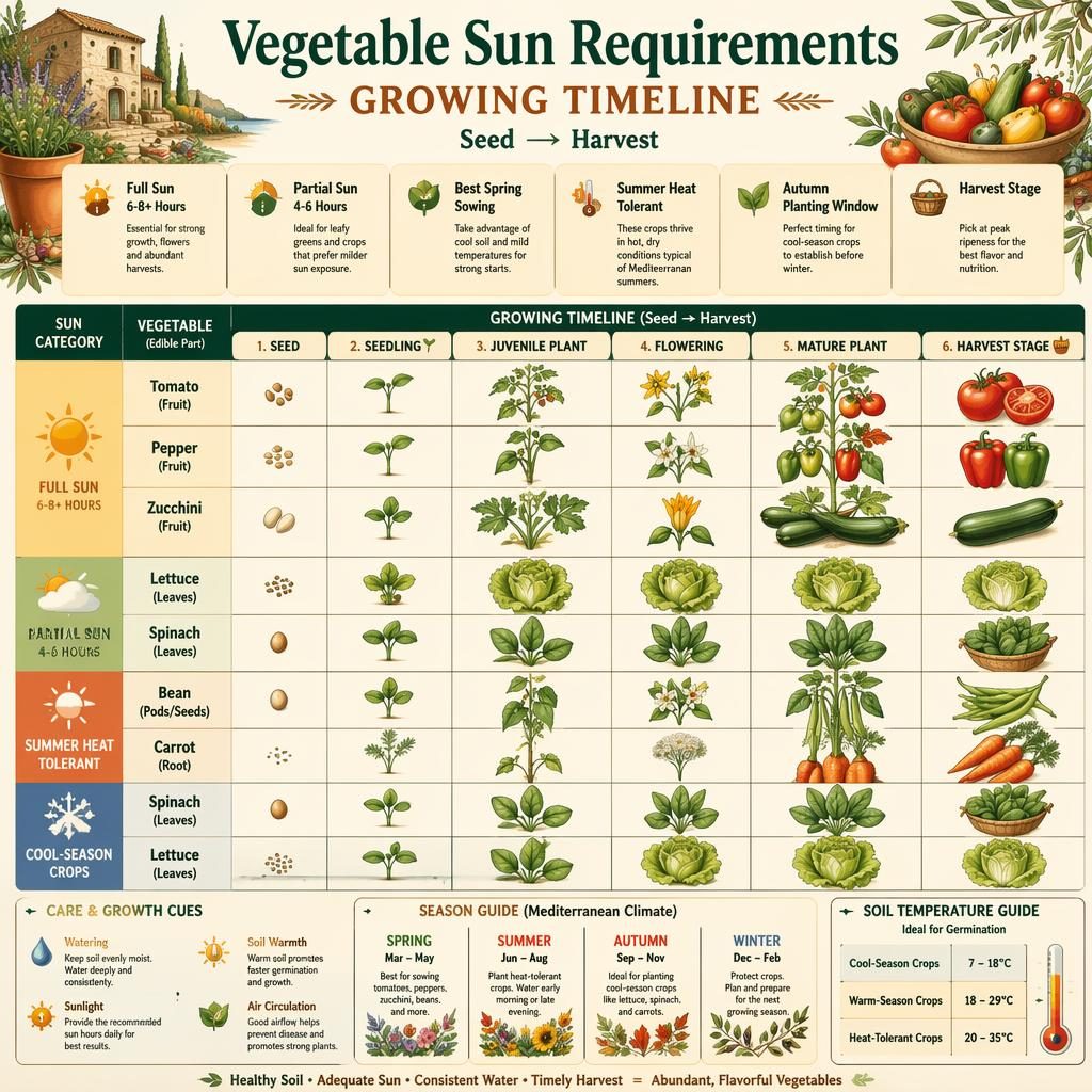 Botanical infographic showing a horizontal seed-to-harvest vegetable timeline grouped by sun needs with labeled care callouts.