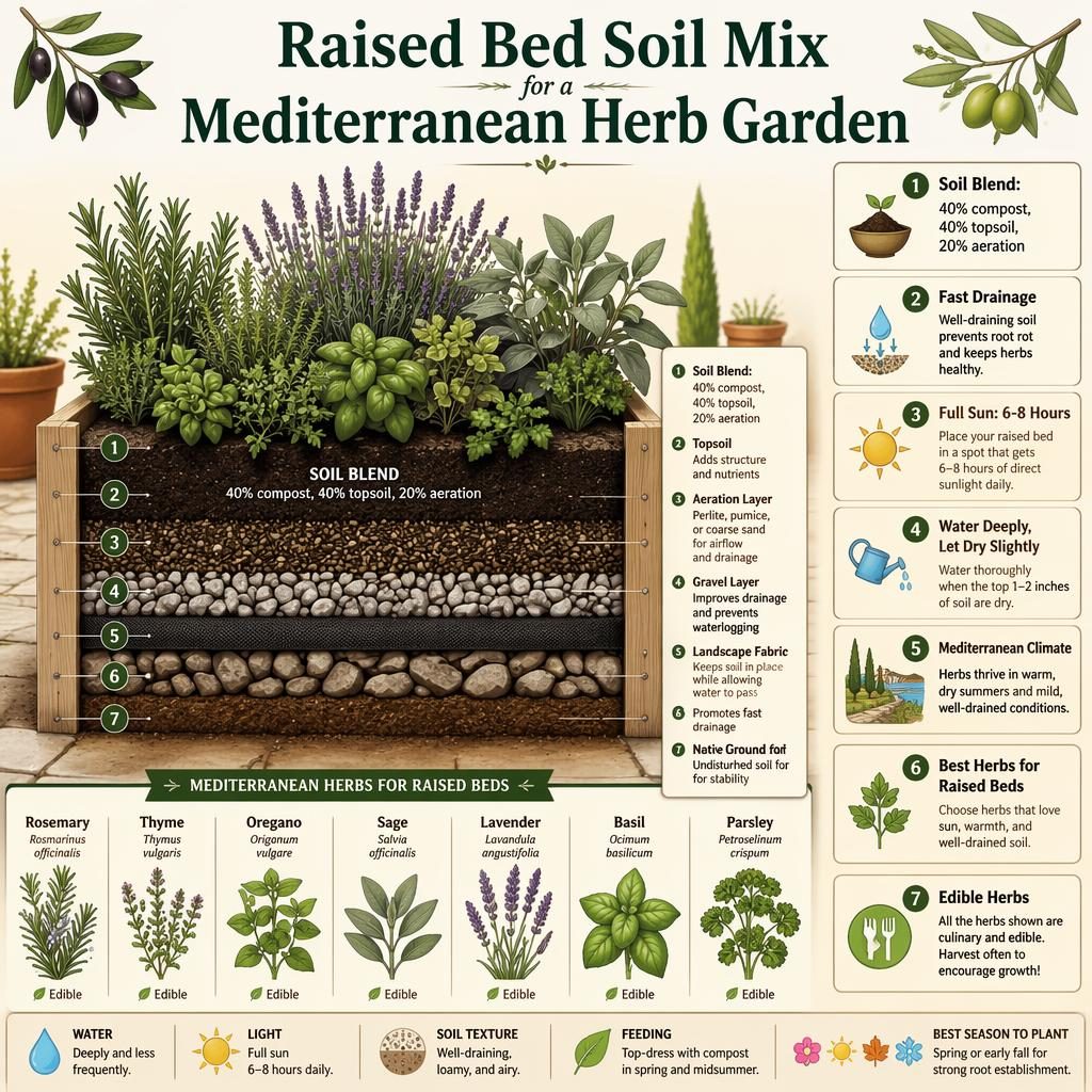 Botanical infographic of a raised bed cutaway with soil mix layers and Mediterranean herbs, labeled care callouts and icons.