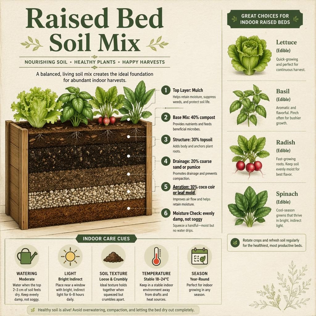 Editorial plant care card infographic of a raised bed soil mix cutaway with 6 labeled layers and edible crop drawings.