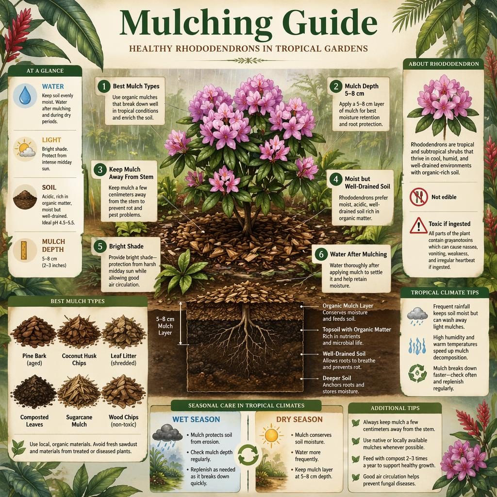 Watercolor plant care card showing a rhododendron shrub, mulch ring, soil cutaway, and tropical mulch care icons.