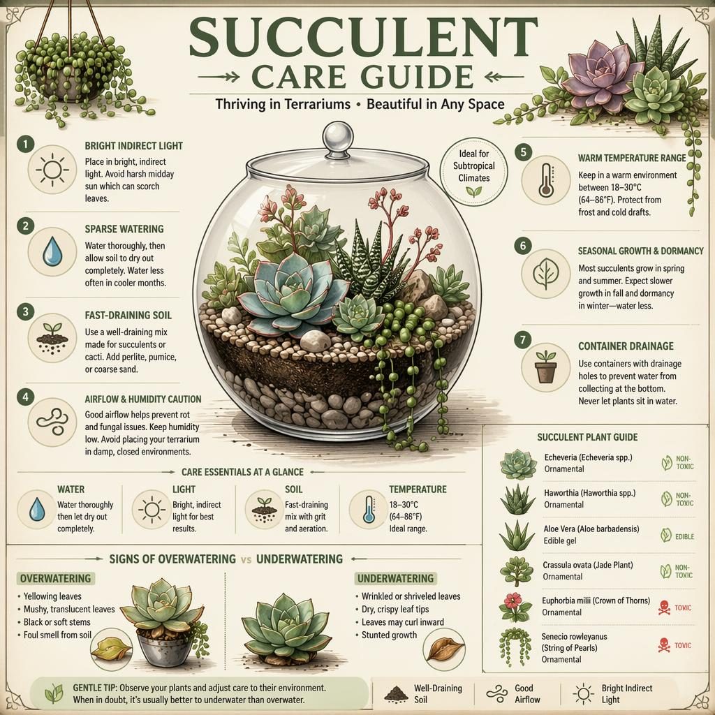 Vintage-style succulent care infographic with labeled callouts, care icons, and sage botanical illustrations for terrarium growing.