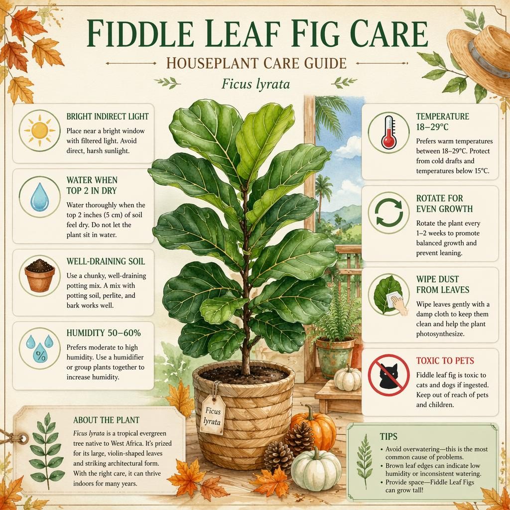 Infographie botanique aquarelle sur le soin du fiddle leaf fig, avec 8 conseils en anglais et icônes de lumière, eau, sol.