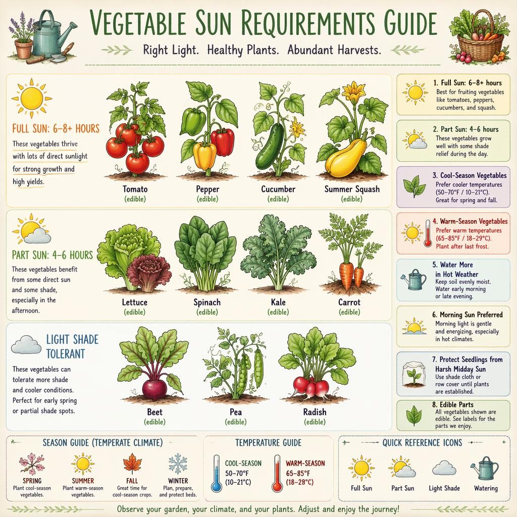 Pastel gardening infographic showing vegetables grouped by full sun, part sun, and light shade with care icons and labels.