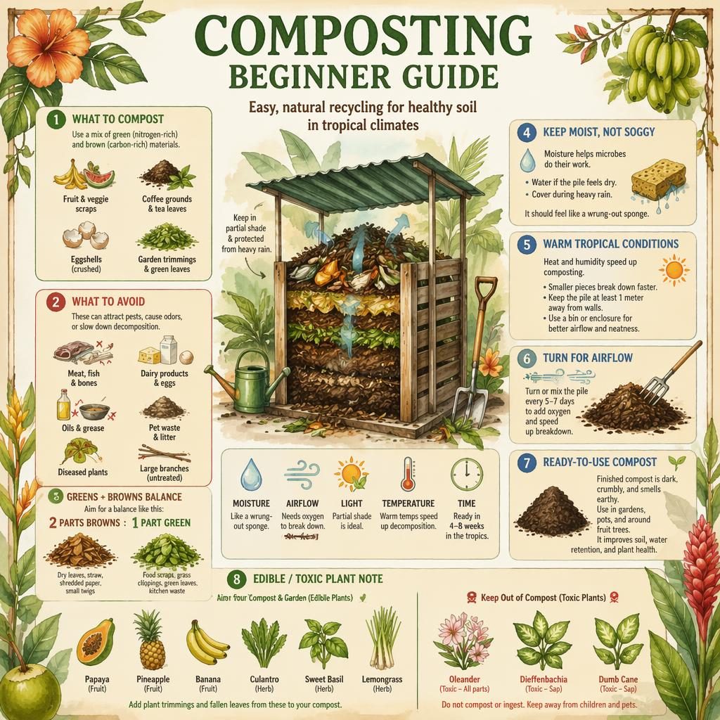 Watercolor gardening infographic showing a tropical compost guide card with bin, scraps, dry leaves, compost, and toxic oleander note.
