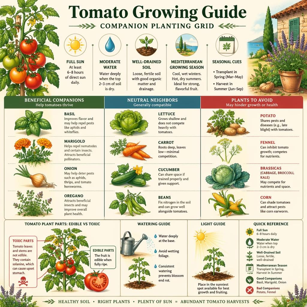 Botanical tomato growing guide infographic with companion planting grid, labeled callouts, seasonal icons, and Mediterranean garden styling.