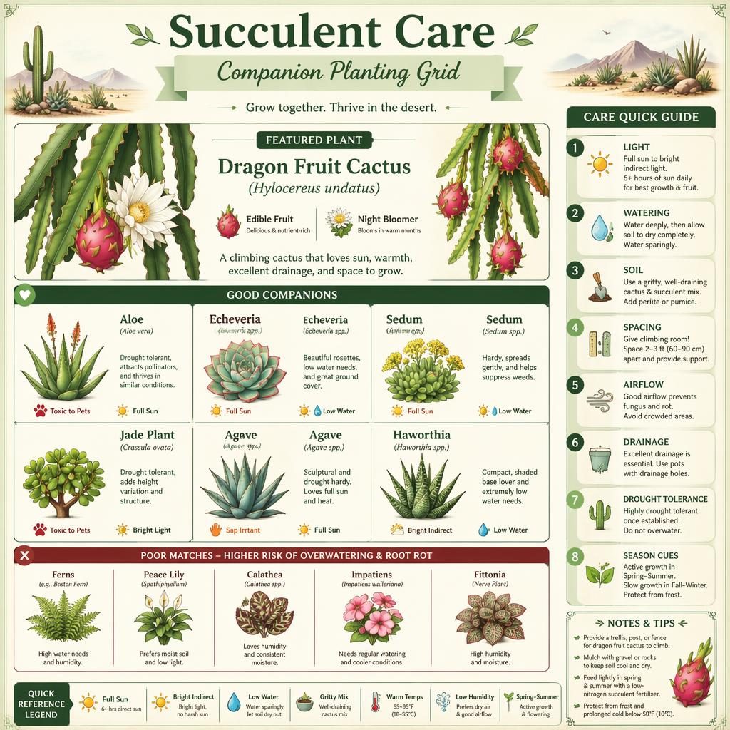 Botanical succulent care infographic grid featuring dragon fruit cactus with aloe, echeveria, sedum, jade, agave, haworthia
