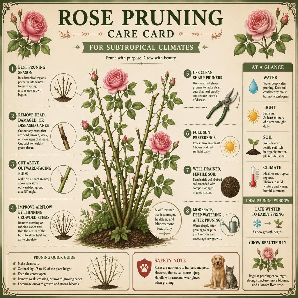 Vintage-style rose pruning care infographic with botanical rose illustration, labeled pruning tips, and water light soil icons
