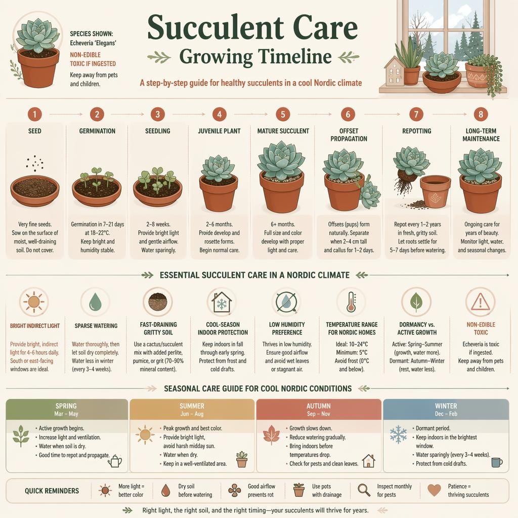 Minimal infographic showing a left-to-right succulent care growing timeline for cool Nordic homes with labeled stages and icons.