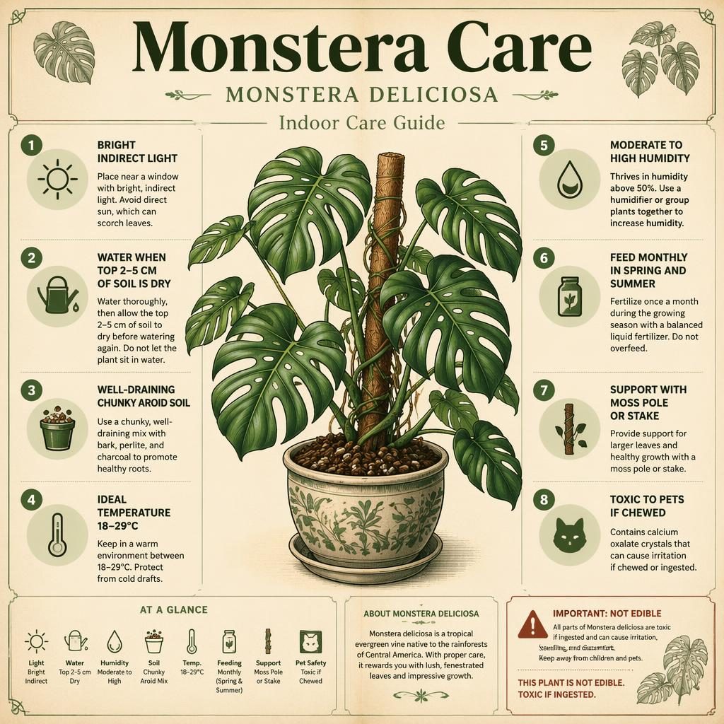 Illustrated Monstera care infographic with central potted plant, labeled care callouts, icons, and retro botanical layout