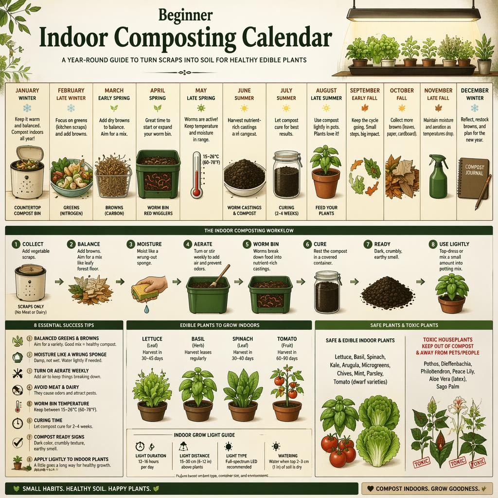 Indoor composting calendar infographic with monthly workflow, worm bin, scraps, finished compost, and grow light schedule for vegetables.