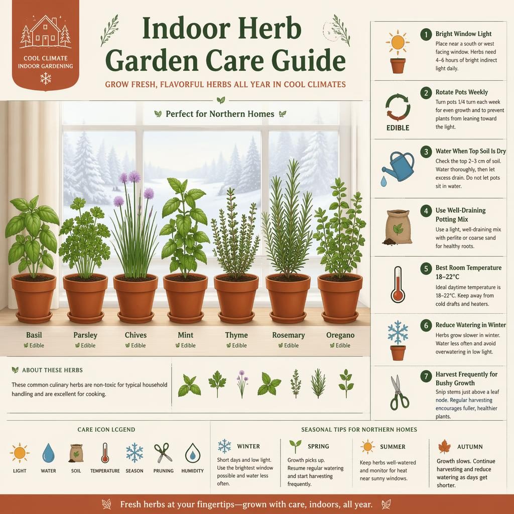 Flat infographic of an indoor herb garden on a windowsill with labeled care tips, terracotta pots, and botanical herbs.