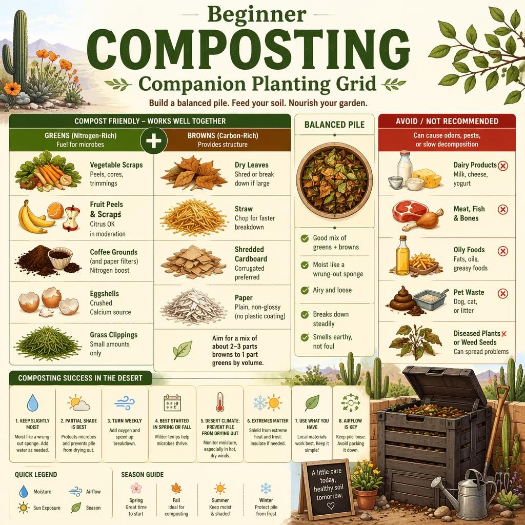 Botanical composting infographic grid with greens, browns, avoid items, desert garden bin scene, and beginner care callouts.