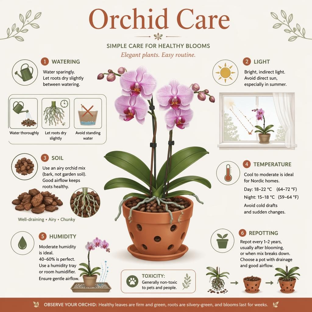 Minimal orchid care infographic with potted orchid, 6 labeled care callouts, icons, and warm terracotta botanical design.