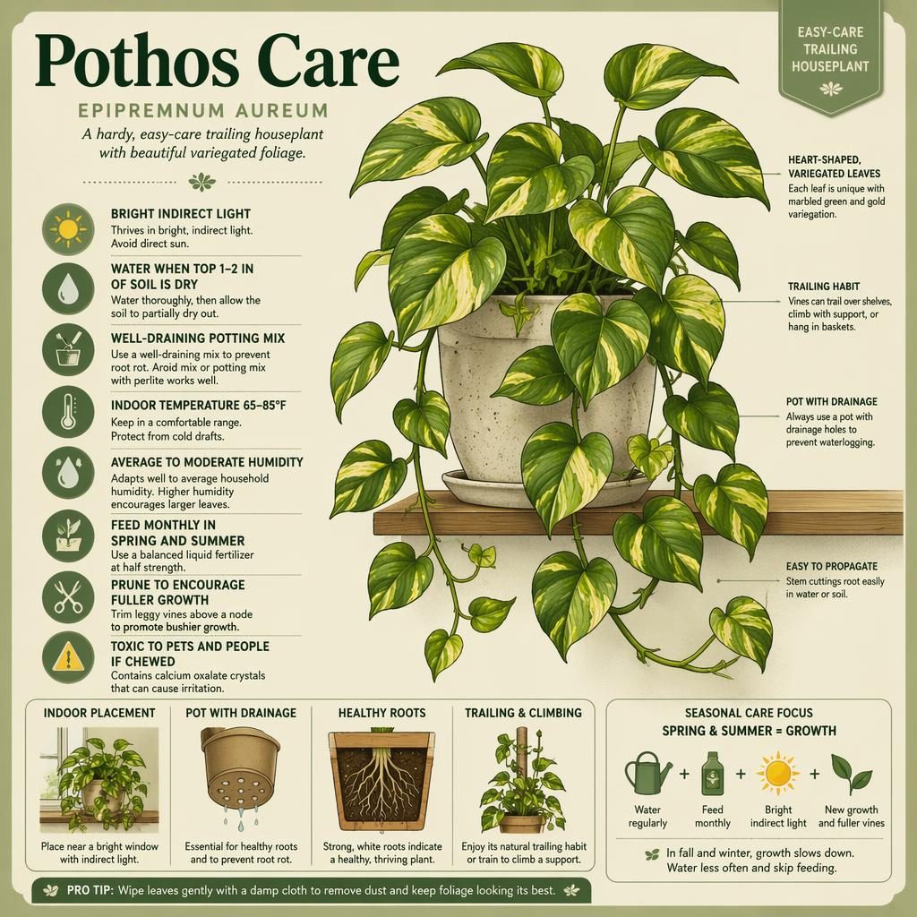 Indoor pothos care infographic with botanical vine illustration, icons, and English callouts for light, water, soil, humidity, feeding, and toxicity.