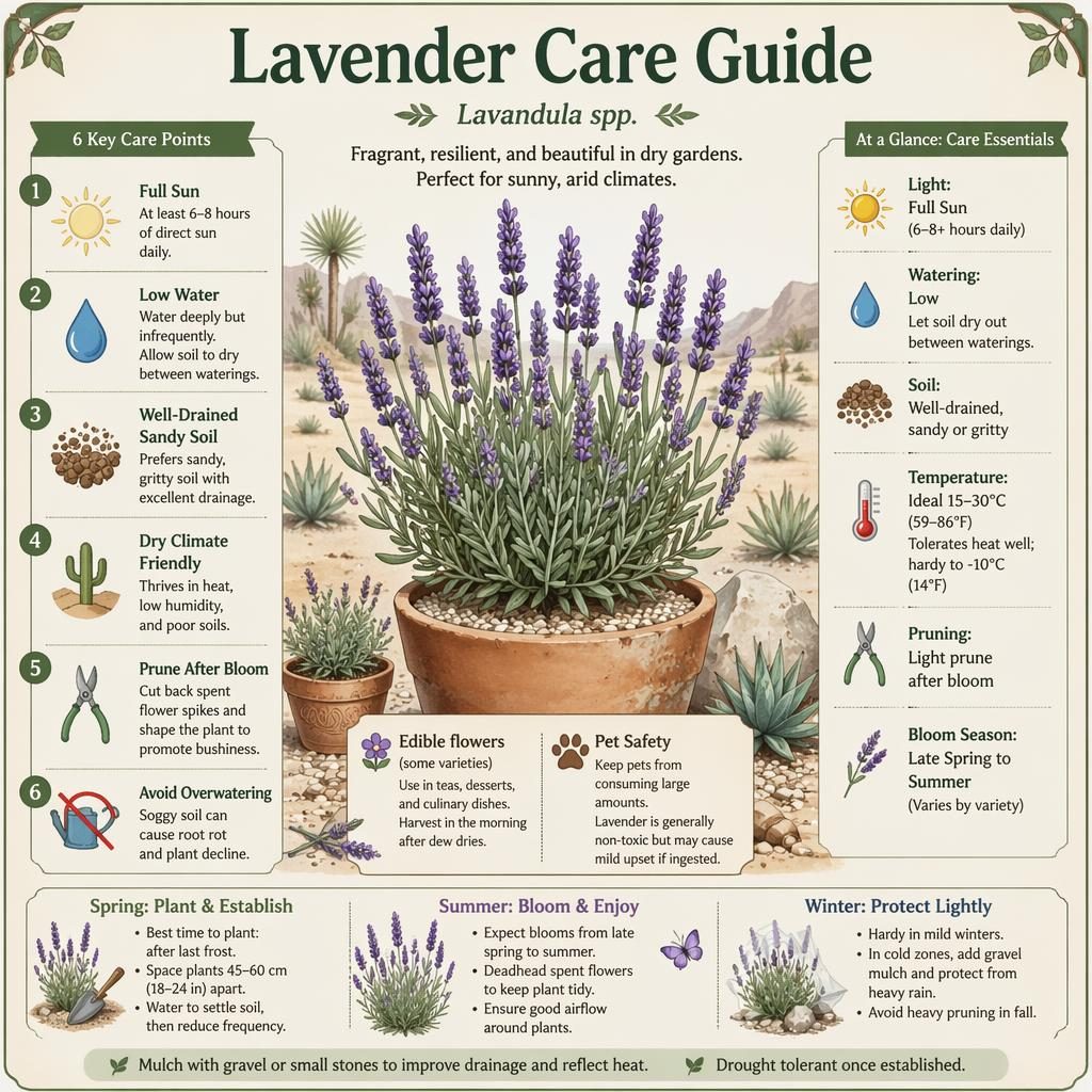 Vertical lavender care infographic with botanical illustration, 6 care callouts, sun icons, terracotta pots, and sandy soil.