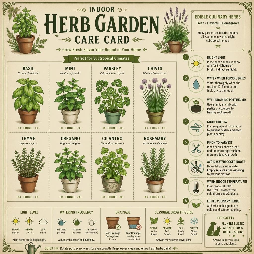 Vintage-style indoor herb garden care card infographic with potted basil, mint, parsley, chives, thyme, oregano, cilantro, and rosemary.
