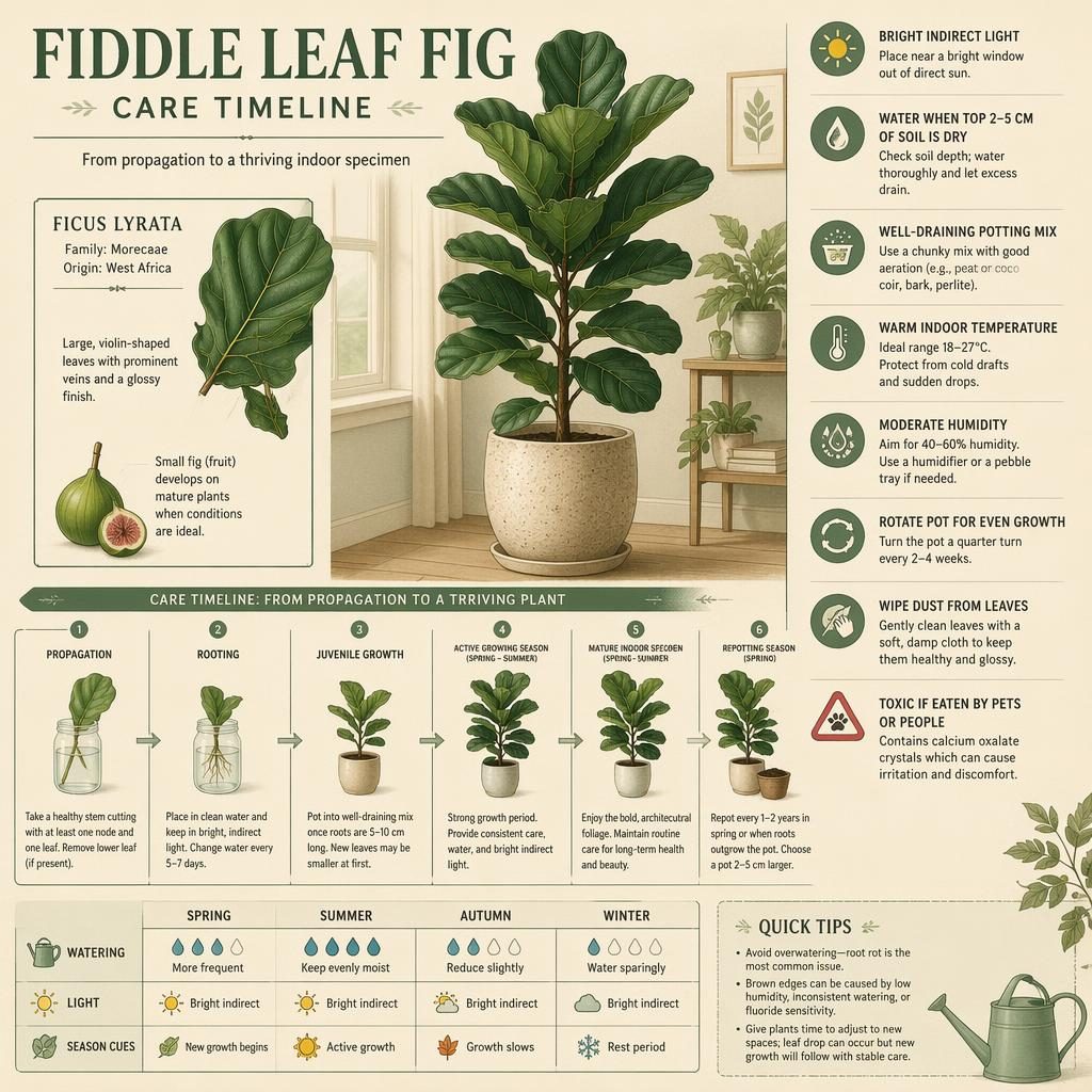 Botanical fiddle leaf fig care timeline infographic with indoor stages, icons, and labeled tips on light, watering, soil, humidity.