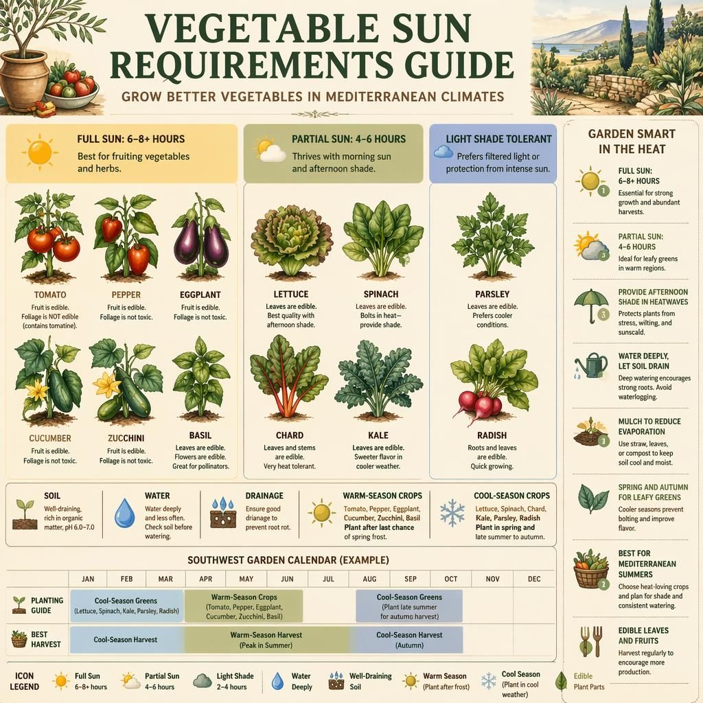Infographie botanique de légumes classés par soleil, mi-ombre et ombre légère, avec icônes d’arrosage et repères saisonniers.