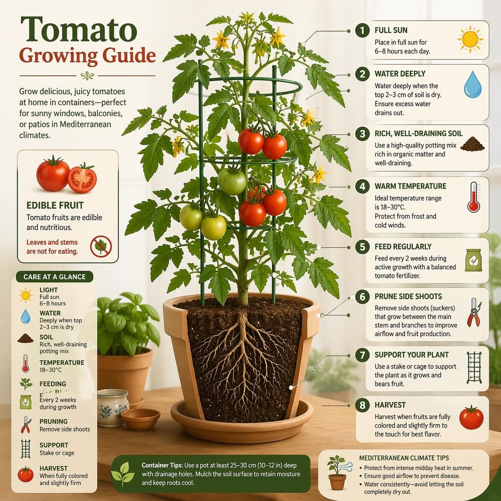 Botanical tomato care infographic with potted plant, flowers, green and red fruit, roots, stake, and labeled care icons.