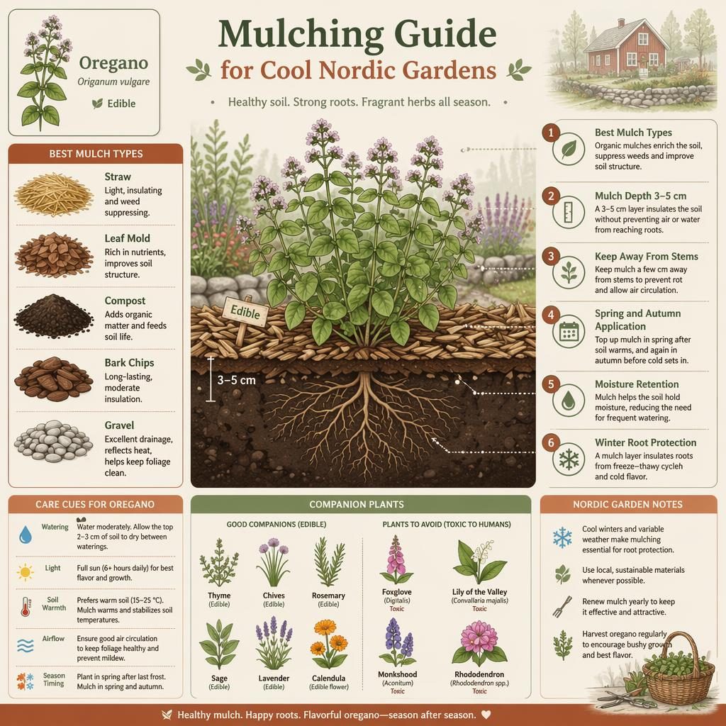 Minimal flat infographic of edible oregano with mulch layers, soil cross-section, 6 care callouts, and mulch types.