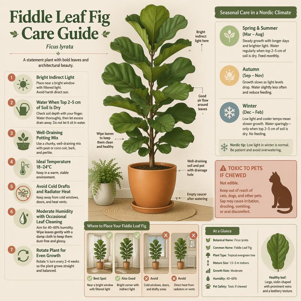Minimal infographic of a potted fiddle leaf fig with 7 care callouts, toxicity note, and Nordic seasonal care icons.