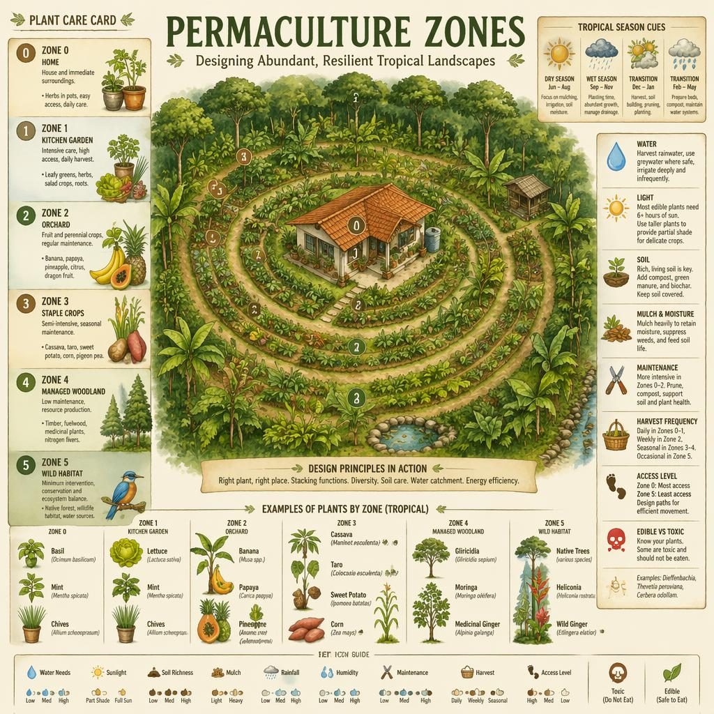 Watercolor permaculture zones infographic with homestead, tropical crops, basil pots, icons, and labeled care callouts.