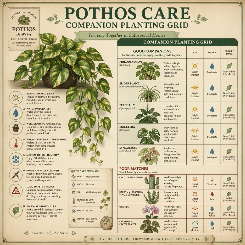 Vintage seed packet style infographic of pothos care with companion planting grid, labeled callouts, icons, and toxic status.