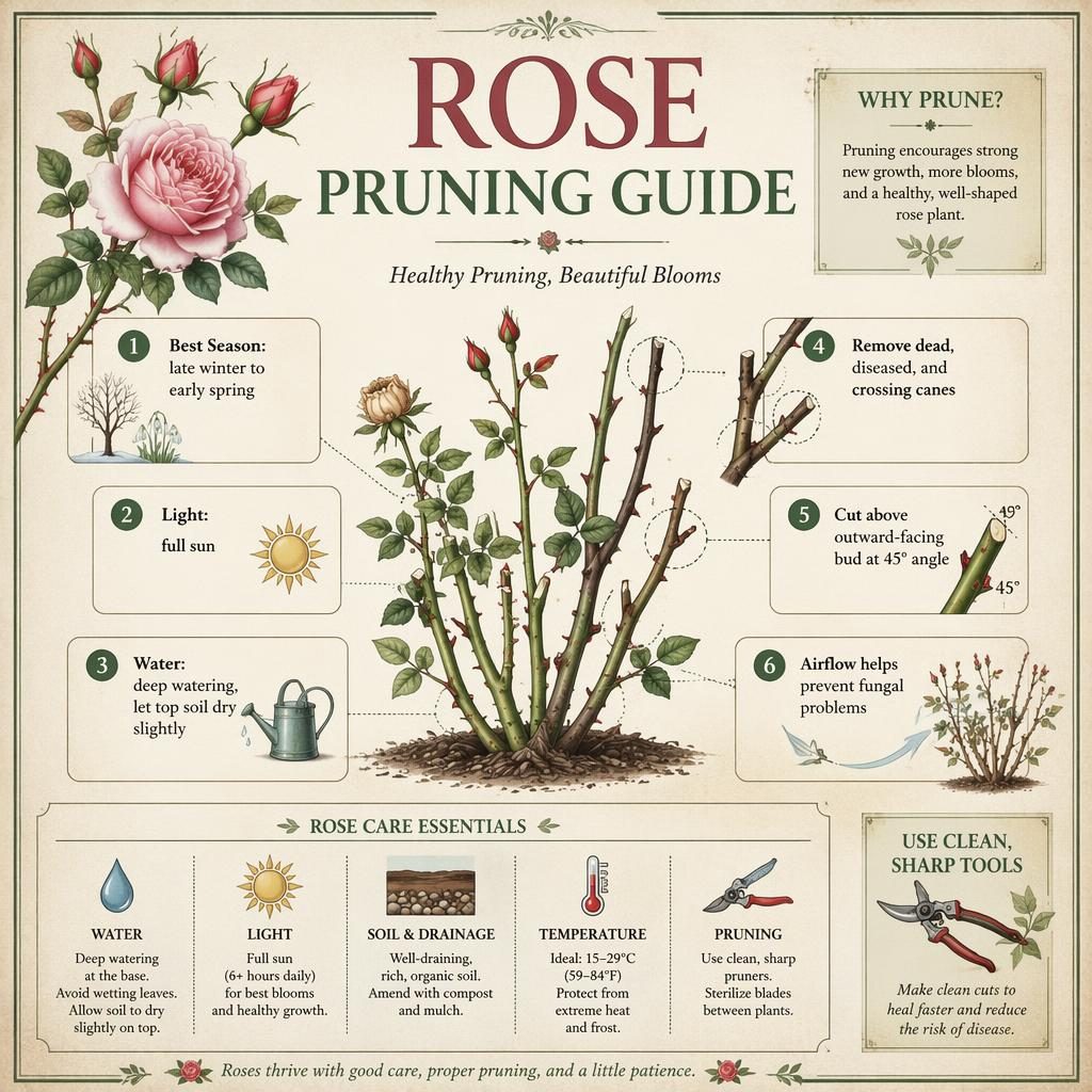 Botanická infografika péče o růže ve vintage stylu s 6 anglickými popisky, ikonami a řezy stonků.
