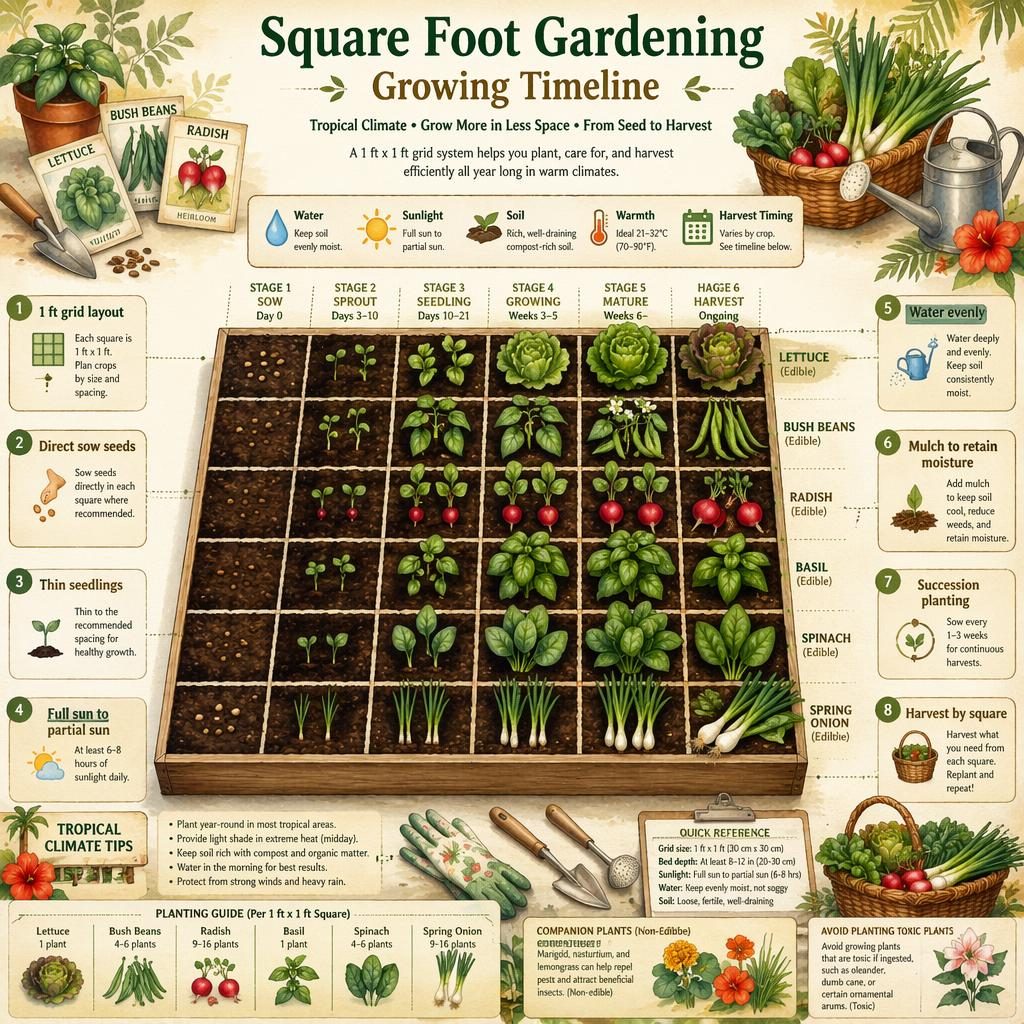Watercolor infographic of a square foot garden timeline with tropical edible crops, labeled stages, icons, and harvest cues.