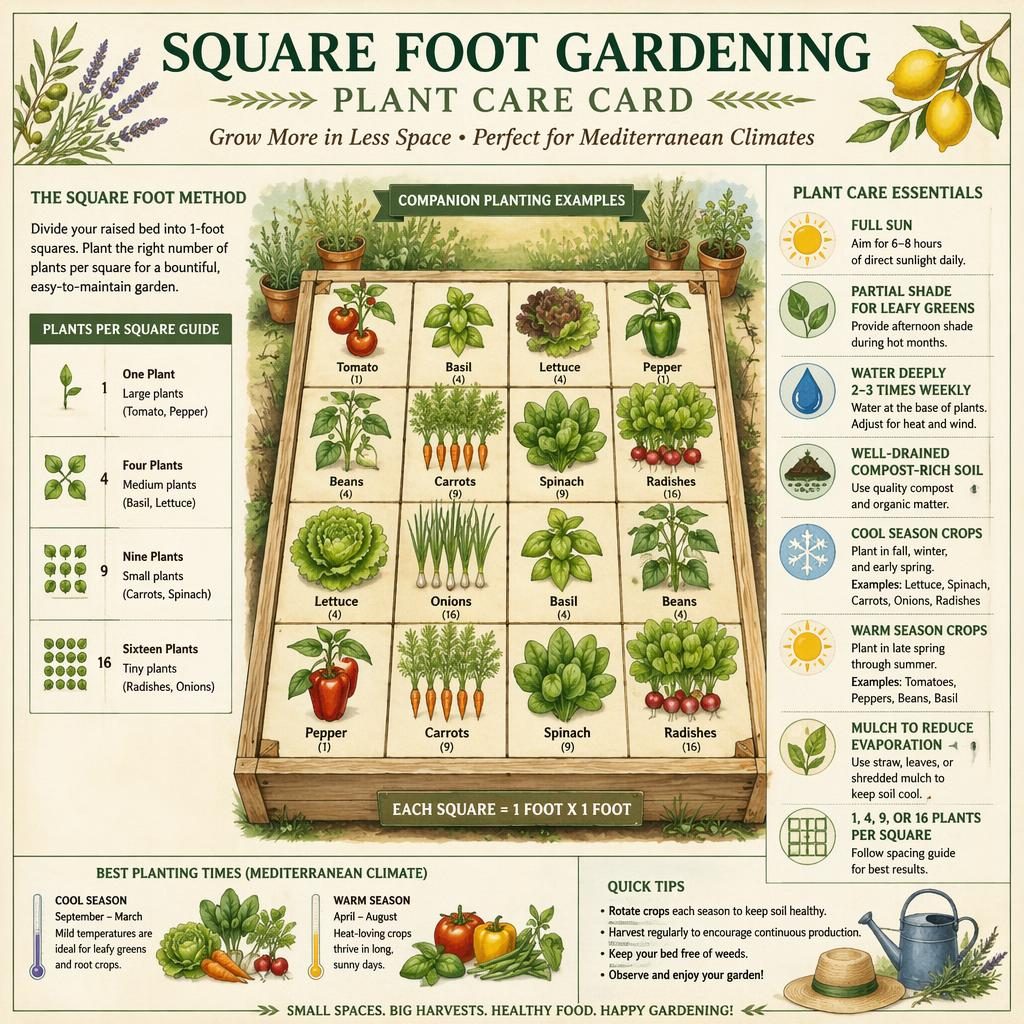 Infographic plant care card with a raised bed grid, labeled vegetables, spacing per square, and sun, water, soil icons.