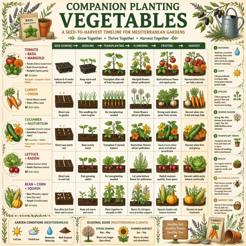 Botanical infographic showing companion planting vegetables in a seed-to-harvest timeline with labeled stages and care icons.