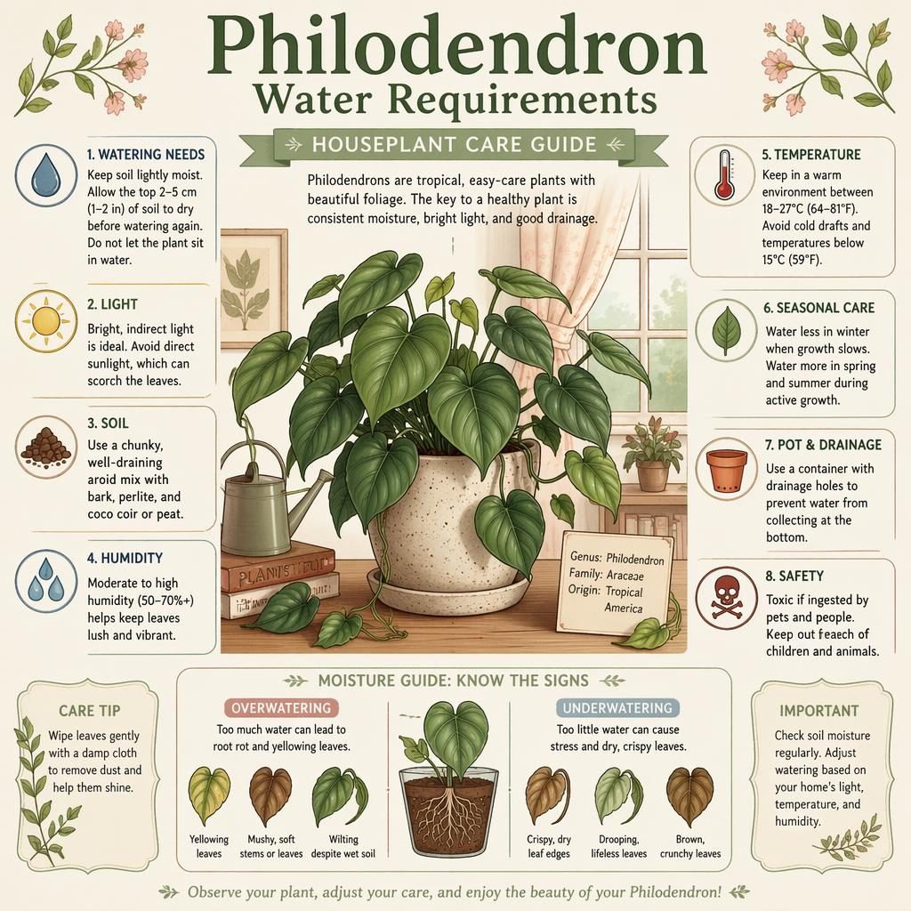 Botanical philodendron care infographic with labeled watering, light, soil, humidity, temperature, seasonal care, drainage, and toxicity.