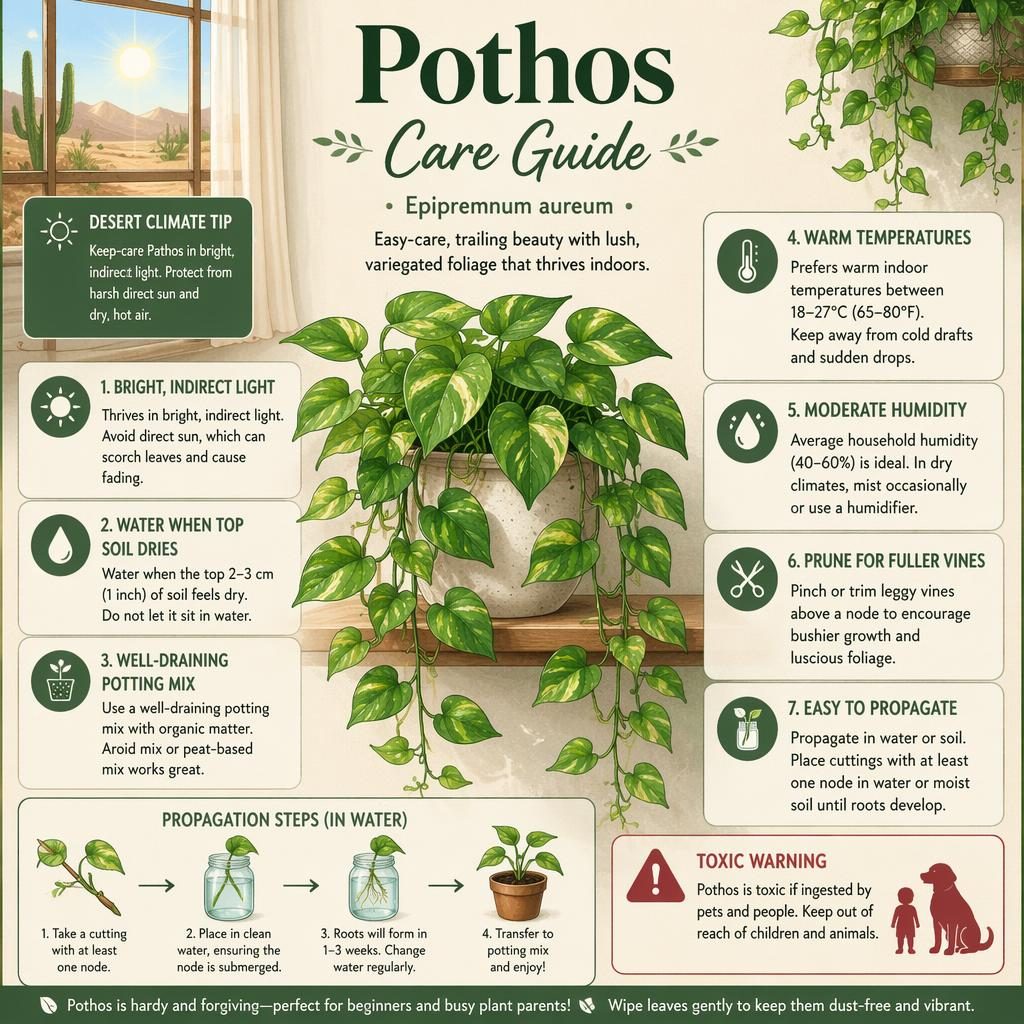 Botanical pothos care infographic with labeled callouts, care icons, green cottage-style layout, and toxicity warning.