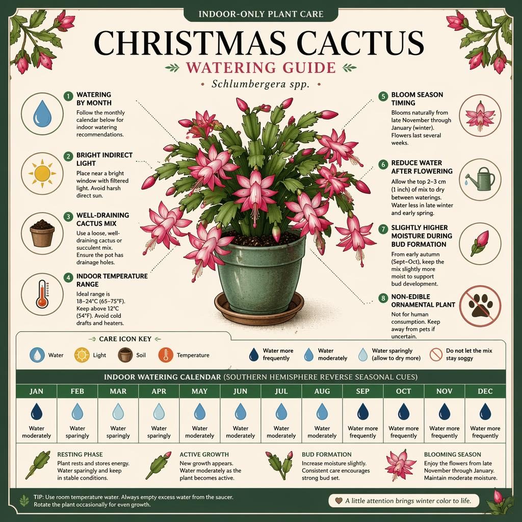 Editorial infographic of a blooming Christmas cactus with labeled care callouts, icons, and a January to December watering calendar.
