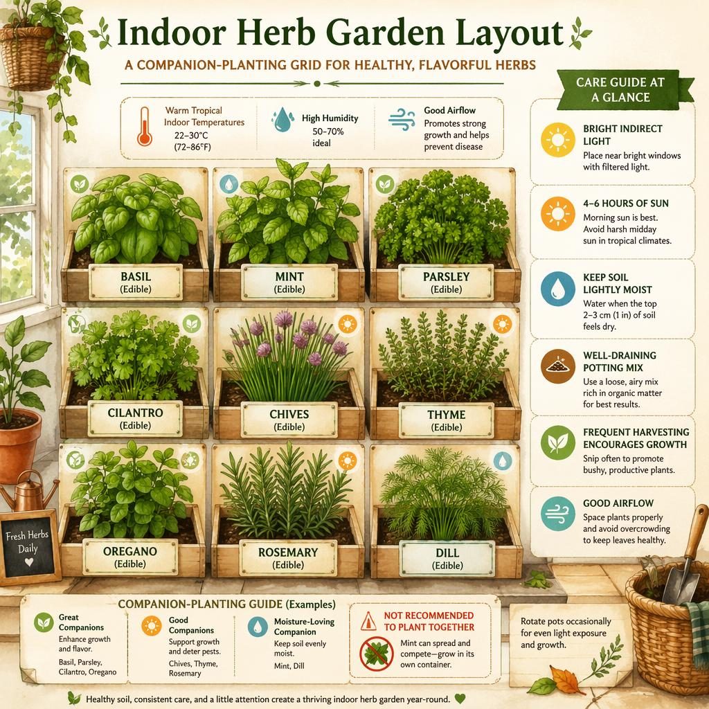 Watercolor infographic of an indoor herb garden companion grid with labeled edible herbs, care icons, and tropical cues.