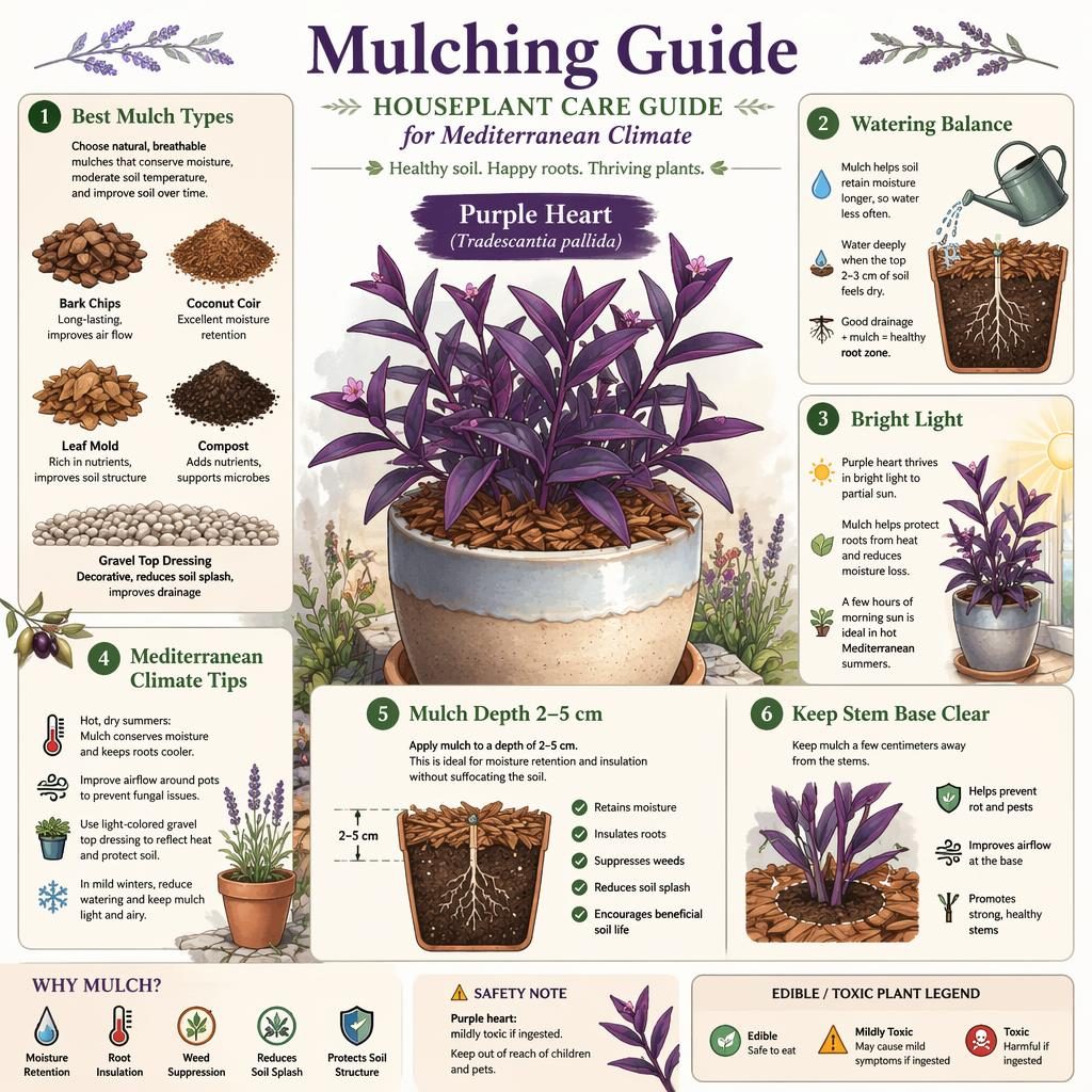 Botanical infographic showing a purple heart plant in a pot with mulch tips, callouts, mulch types, and safety legend.