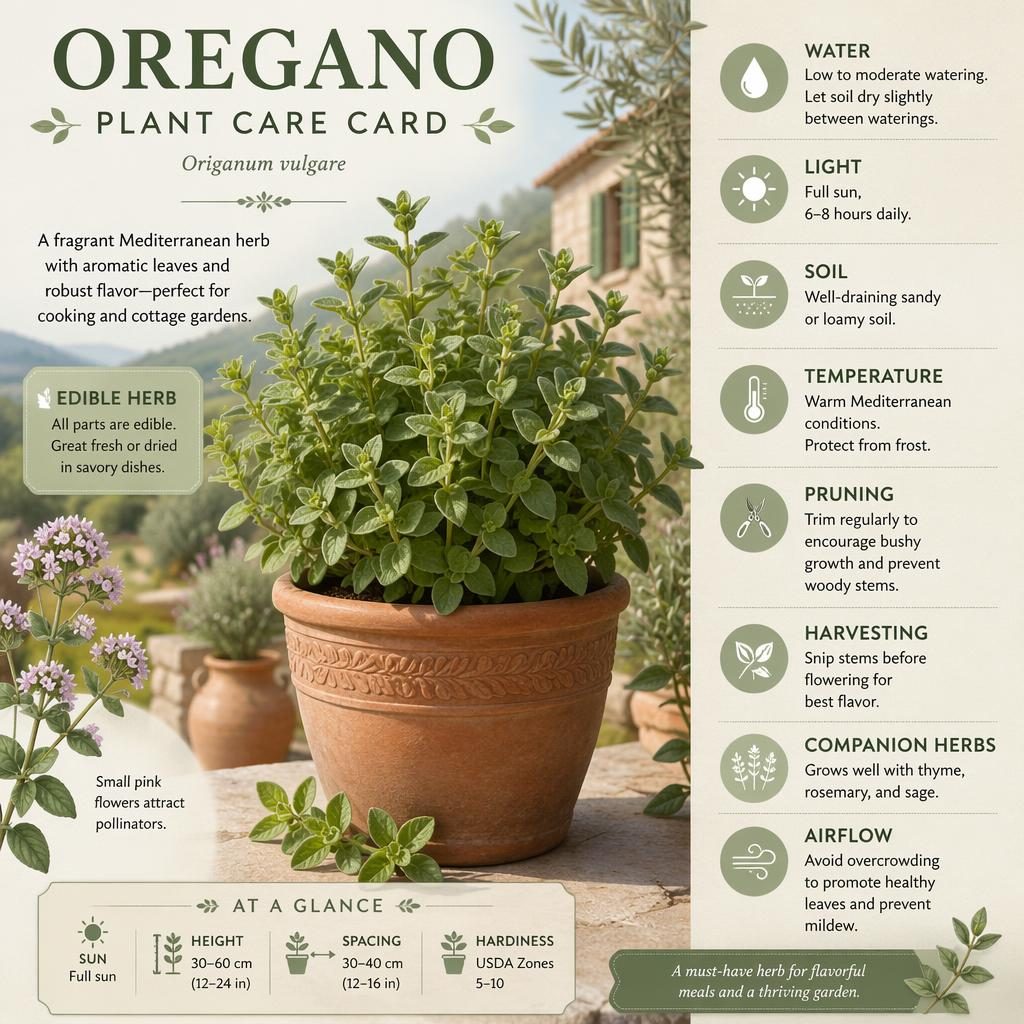 Botanische Infografik mit gesundem Oregano im Terrakottatopf, englischen Pflegehinweisen, Icons und mediterranem Gartenhintergrund.